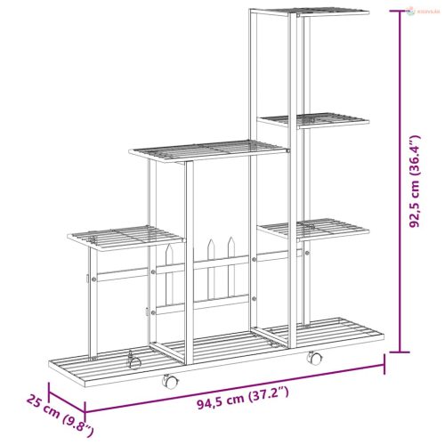 Fekete acél virágtartó állvány kerékkel 94,5 x 25 x 92,5 cm