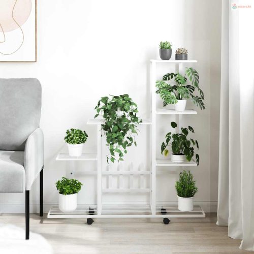 Fehér acél virágtartó állvány kerékkel 94,5 x 25 x 92,5 cm