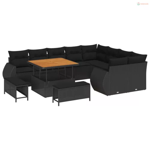 Kerti Kanapé Szett 12 pcs Fekete polirattan