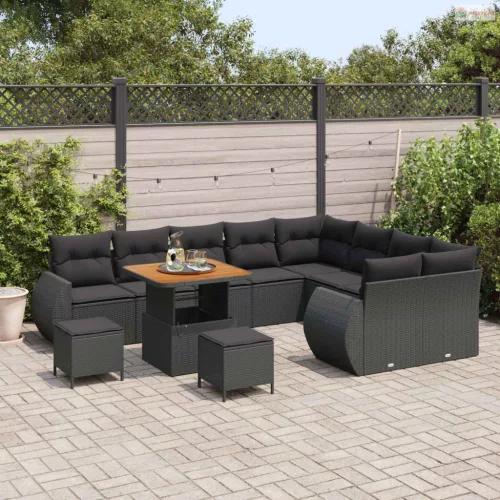 Kerti Kanapé Szett 12 pcs Fekete polirattan