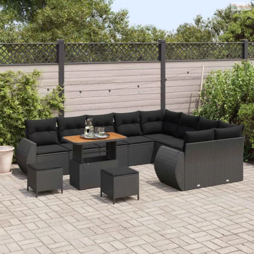 Kerti Kanapé Szett 12 pcs Fekete polirattan