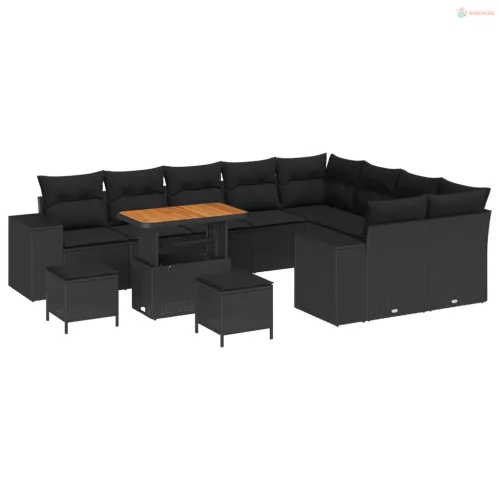 Kerti Kanapé Szett párnával 12 pcs Fekete polirattan