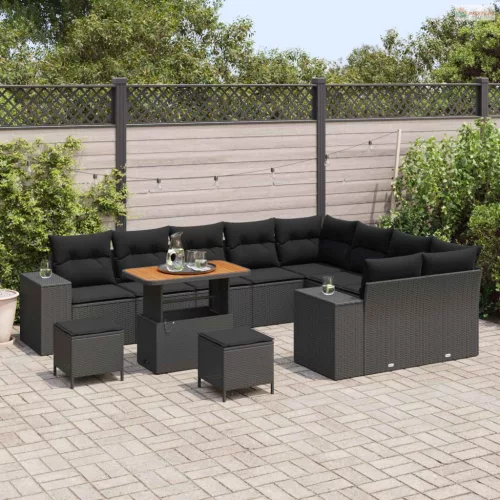 Kerti Kanapé Szett párnával 12 pcs Fekete polirattan