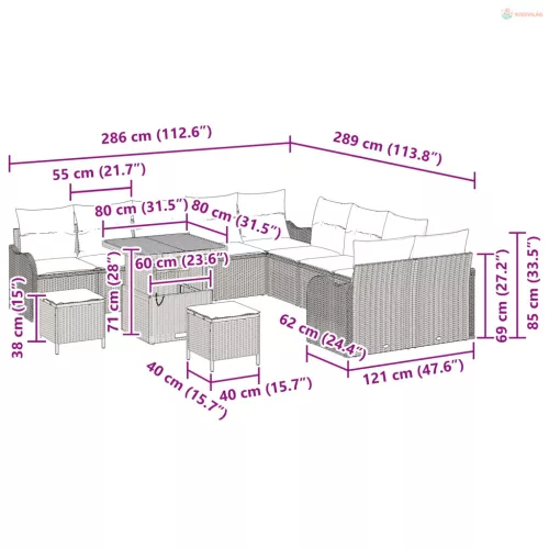Kerti Kanapé Szett párnával 13 pcs Szürke polirattan