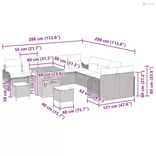 Kerti Kanapé Szett párnával 13 pcs Szürke polirattan