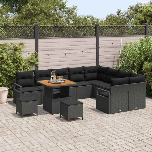 Kerti Kanapé Szett párnával 12 pcs Fekete polirattan