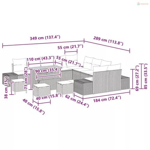 Kerti Kanapé Szett párnával 14 pcs Fekete polirattan