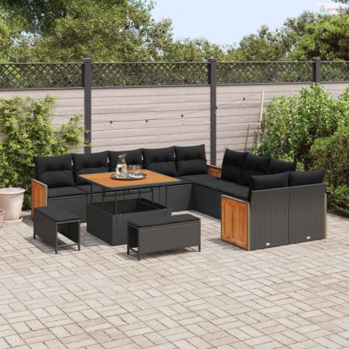 Kerti Kanapé Szett 13 pcs Fekete Poli Rattan és Porfestett Acél