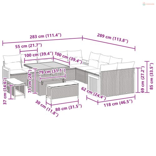 Kerti Kanapé Szett 13 pcs Fekete Poli Rattan és Porfestett Acél