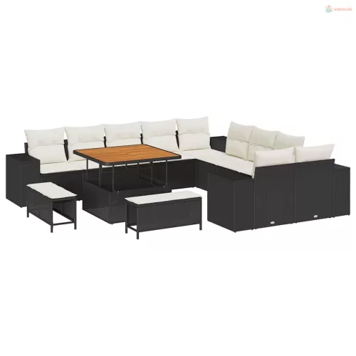 Kerti Kanapé Szett párnával 13 pcs Fekete és Krém polirattan