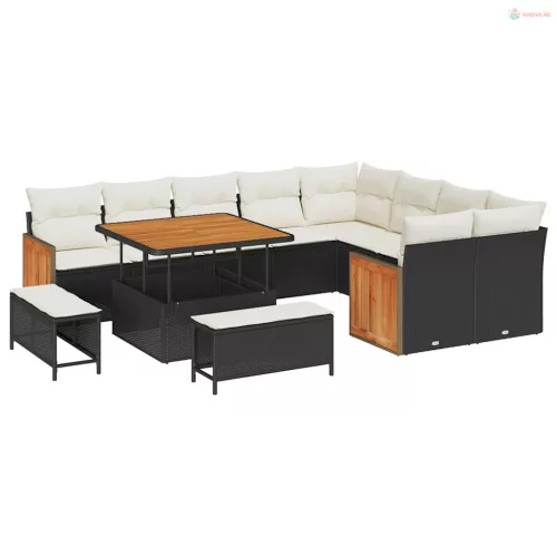 Kerti Kanapé Szett párnával 13 pcs Fekete és Krém polirattan