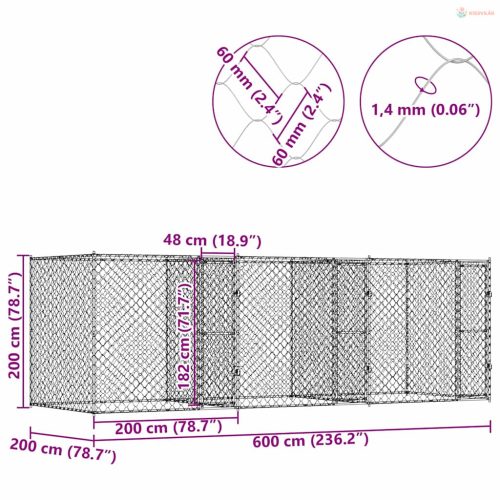 Kutyaketrec Ezüst 600 x 200 x 200 cm Horganyzott acél