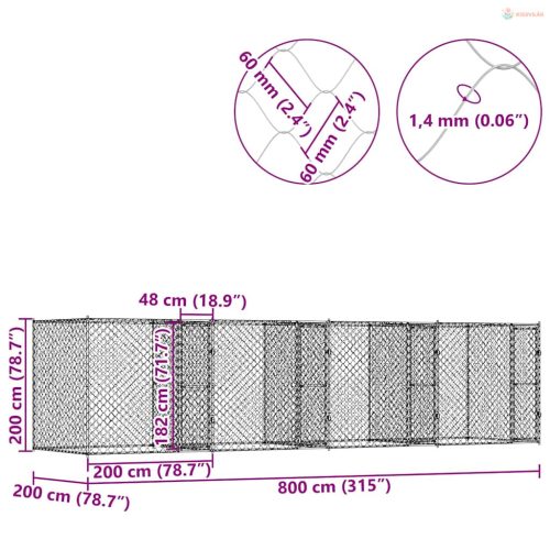 Kutyaketrec Ezüst 800 x 200 x 200 cm Horganyzott acél