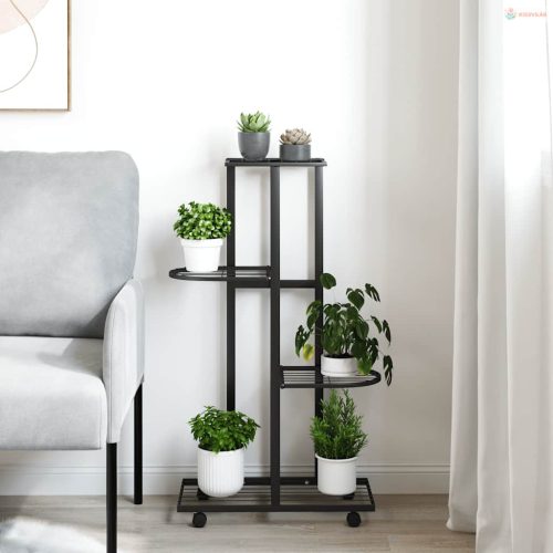 4 szintes fekete vas virágtartó állvány kerekekkel 44x23x80 cm
