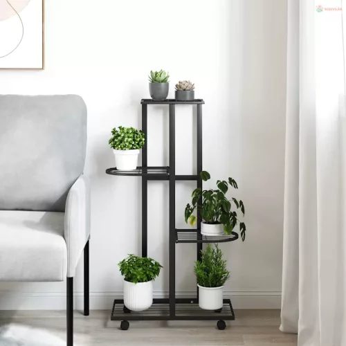 4 szintes fekete vas virágtartó állvány kerekekkel 44x23x80 cm