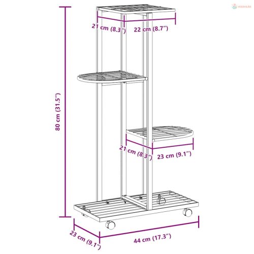 4 szintes fekete vas virágtartó állvány kerekekkel 44x23x80 cm