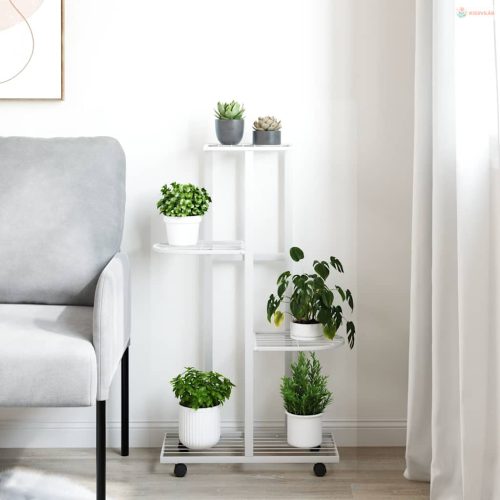 4 szintes fehér vas virágtartó állvány kerekekkel 44x23x80 cm