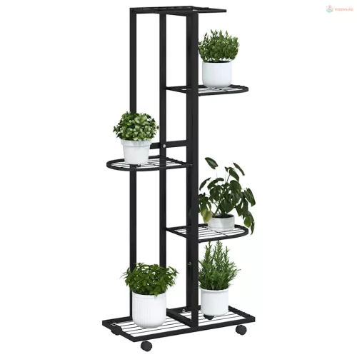 5-szintes fekete vas virágtartó állvány kerekekkel 44x23x100 cm