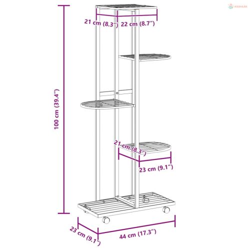 5-szintes fekete vas virágtartó állvány kerekekkel 44x23x100 cm