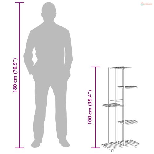 5-szintes fekete vas virágtartó állvány kerekekkel 44x23x100 cm