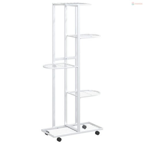 5 szintes fehér vas virágtartó állvány kerekekkel 44x23x100 cm