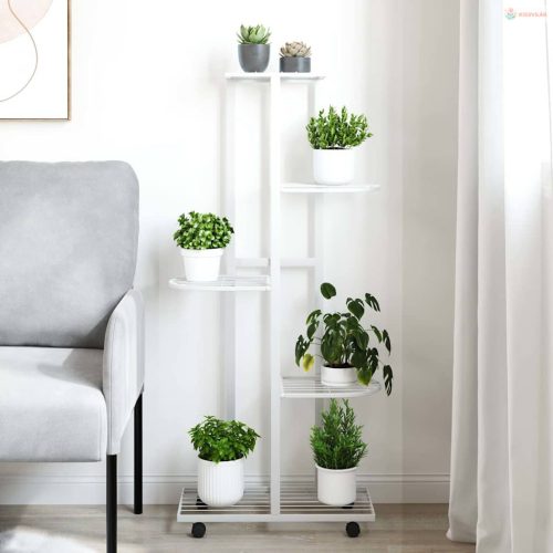 5 szintes fehér vas virágtartó állvány kerekekkel 44x23x100 cm
