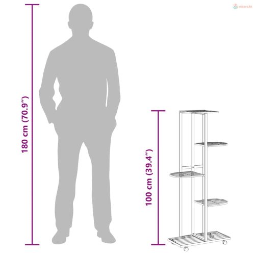 5 szintes fehér vas virágtartó állvány kerekekkel 44x23x100 cm