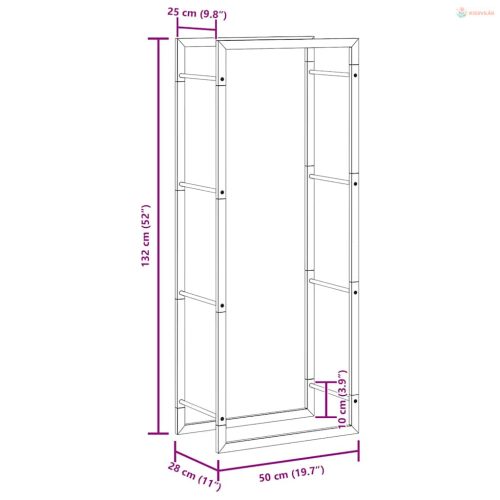 Fekete acél tűzifatároló állvány 50x28x132 cm