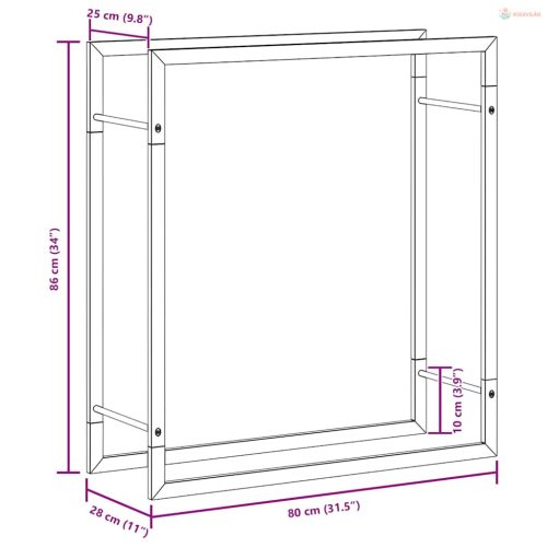 Fekete acél tűzifatároló állvány 80x28x86 cm