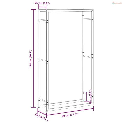 Matt fekete acél tűzifatartó 80x28x154 cm
