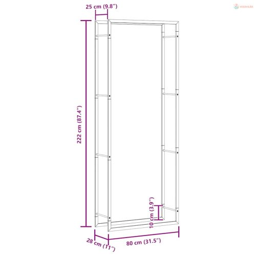 Matt fekete acél tűzifatartó 80x28x222 cm