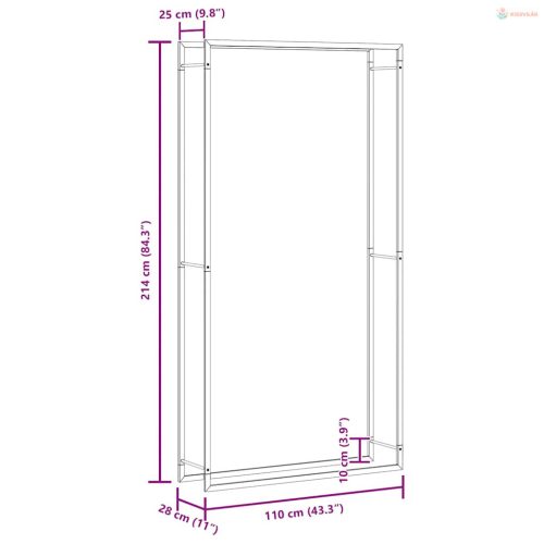 Fekete acél tűzifatároló állvány 110x28x214 cm