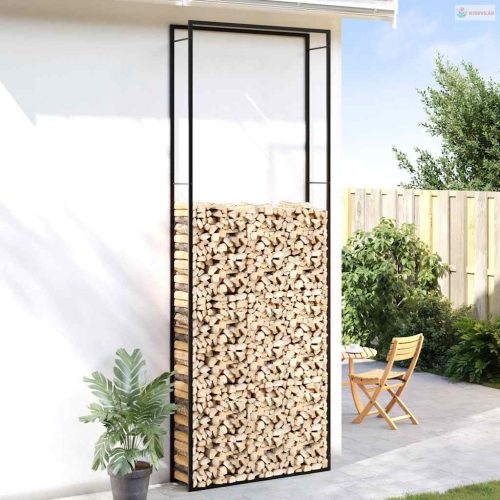 Fekete acél tűzifatároló állvány 110x28x312 cm