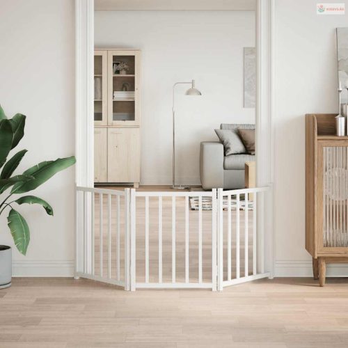 Fehér tömör fenyőfa 3 paneles összecsukható kutyakapu 150 cm