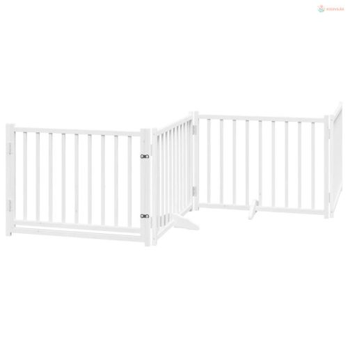 Fehér tömör fa 4 paneles összecsukható kutyakapu ajtóval 320 cm