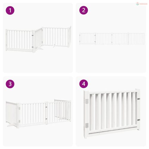 Fehér tömör fa 4 paneles összecsukható kutyakapu ajtóval 320 cm