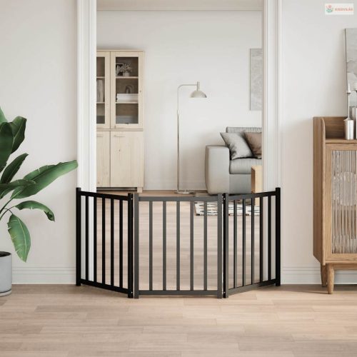 Fekete tömör fenyőfa 3 paneles összecsukható kutyakapu 150 cm