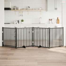   Fekete tömör fa 4 paneles összecsukható kutyakapu ajtóval 320cm