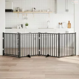   Fekete tömör fa 4 paneles összecsukható kutyakapu ajtóval 320cm
