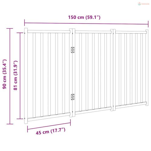 Barna tömör fenyőfa 3 paneles összecsukható kutyakapu 150 cm