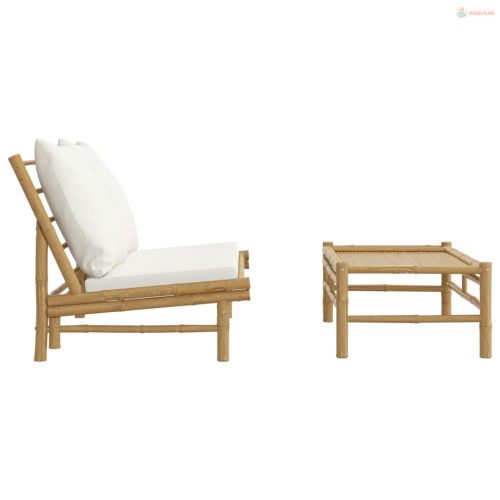 2 részes bambusz kerti ülőgarnitúra krémfehér párnákkal