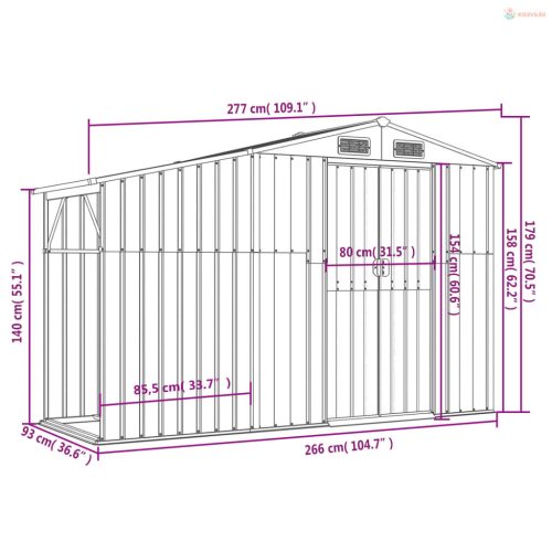 Szürke horganyzott acél kerti fészer 277x93x179 cm