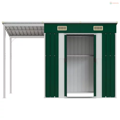Zöld kerti fészer meghosszabbított tetővel 277x107x181 cm