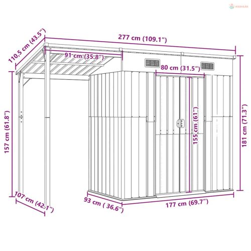Zöld kerti fészer meghosszabbított tetővel 277x107x181 cm
