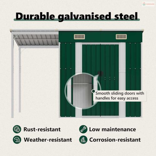 Zöld kerti fészer meghosszabbított tetővel 277x107x181 cm