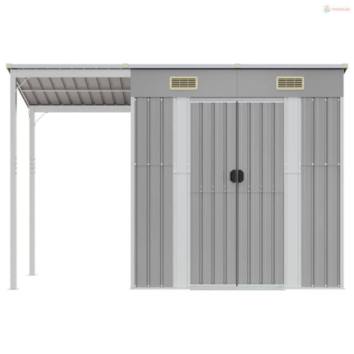 Világosszürke acél kerti fészer meghosszabbított tetővel 277 x 107 x 181 cm