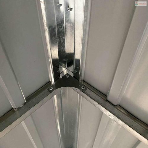 Világosszürke acél kerti fészer meghosszabbított tetővel 277 x 107 x 181 cm