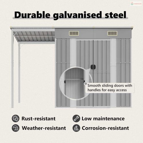 Világosszürke acél kerti fészer meghosszabbított tetővel 277 x 107 x 181 cm