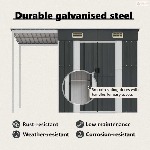 Antracitszürke fészer meghosszabbított tetővel 277x107x181 cm