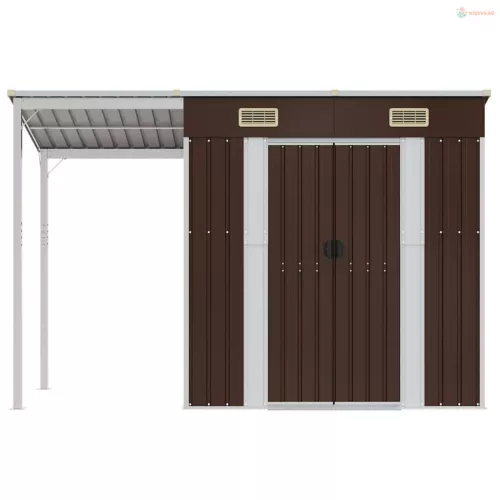 Barna kerti fészer meghosszabbított tetővel 277x107x181 cm